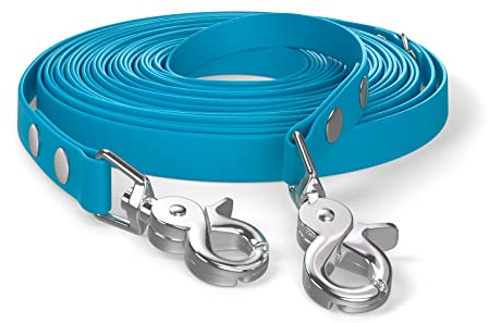 10m Schleppleine, Hundeleine, 2 Karabiner & D-Ring, Cyan-Blau, sehr stabil, schmutz- und wasserabweisend