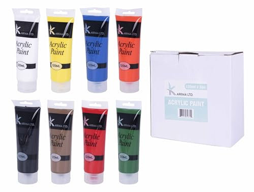 Karrma Ltd. Acrylic Paint 8 Tubes of Assorted Colour - 120ml Tubes Black,Blue,Brown,Green,Orange,Red,White,Yellow.Suitable for use on paper/canvas/card/board/wood etc