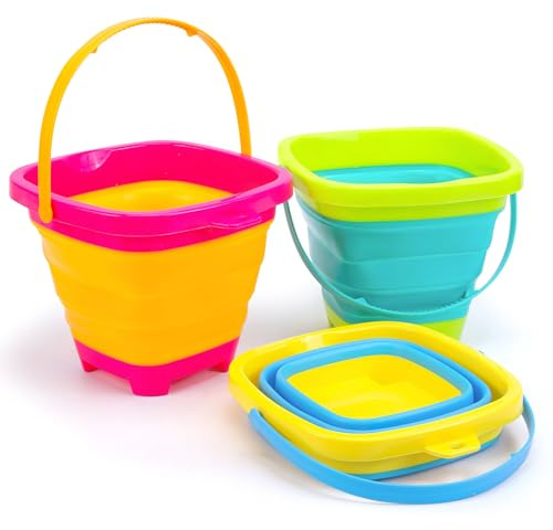 Shindel 3Packs Foldable Pail Bucket, 2L Silicone Collapsible Beach Toys Bucket for Kids, Multi Purpose for Fun Summer Activities, Camping Gear, Beach Essentials