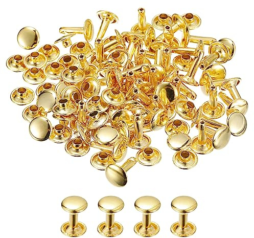 sourcing map 100 Sets Leder Nieten 9mm Doppelt Kappe Nieten 12mm Höhe Metall Nieten Runde Nieten Hohlnieten Niete für Leder Handwerk Reparatur DIY Geldbeutel Gürtel Taschen Schuhe Gold Ton