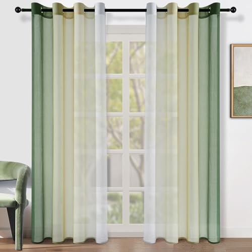 Topfinel Gardine mit Ösen Schlafzimmer Gardinen und Vorhänge Fenster Schals Vorhang Farbverlauf Olivergrün Ösengardinen 225 cm Lang Curtains for Living Room Sonnenschutz Outdoor Balkontür