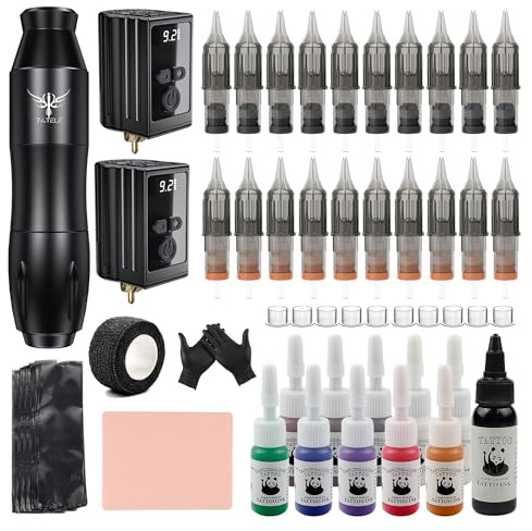 TATELF Kabelloser Maschine Pen Set mit 2 wiederaufladbaren Akkus | 20 Patronennadeln, 11 Farbfläschchen, 100 Schutzhüllen, vollständiges Zubehör für Einsteiger und Fachkräfte
