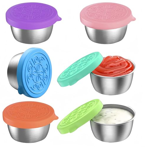 VINEST 6 Stück Salatdressing Behälter 50ml Kleine Edelstahl Gewürzbehälter | Lebensmittelbehälter Auslaufsicher Mini Dip Saucenbehälter Dose mit Silikon Deckel Spülmaschinenfest für Snack Salat Gewürze