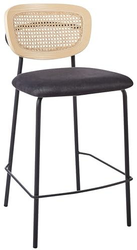 2er Set Moderne Barstühle Wiener Geflecht Rattan Rückenlehne Hocker Polyester Sitz ohne Armlehne Schwarze Beine Schwarz Mayetta