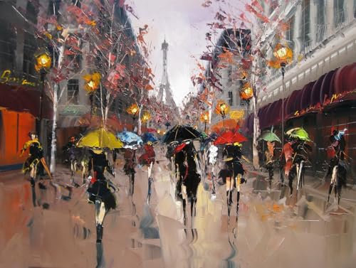 30 Stadtbildkunst Romantik in Paris, Modemädchen mit Regenschirm, Rosa Gemälde in Öl auf Leinwand, Eiffelturm-Wanddekor Französischer Regen, Handgemalte Pariser Straßenkunstwerke von Hochschulleh...