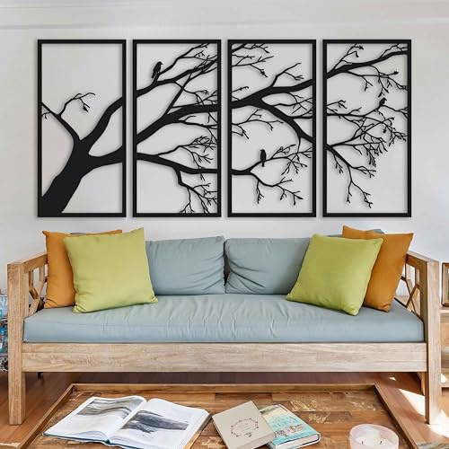 KAWA METALWORKS Baum 4 Pack Metall Wandkunst Extra Großer Baum Wandbehang für Innen und Außen Natur Thema Metall Wandskulptur für Wohnzimmer