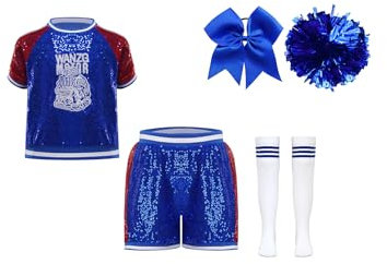 Yeahdor Kinder Mädchen Cheer Leader Kostüm Kurzarm Cheer Crop Top mit Pailletten + Shorts + Pompoms + Socken Cheer Outfits Party Halloween Cosplay Blau 146-152