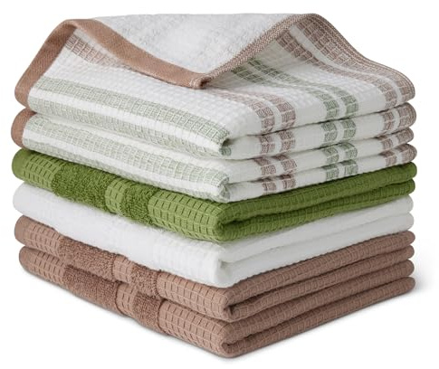 Amazon Basics Paños de Cocina de 100% Algodón Orgánico con Textura de Gofre - Ultraabsorbentes, Secado Rápido, Sin Pelusa, 38 x 64 cm, Pack de 6 (Surtido Verde, Marrón, Blanco)
