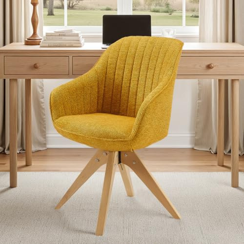 Zouron Chaise de Salle à Manger (avec Coussin épais), Chaise de Bureau pivotante sans roulettes (360°), Fauteuil de Salon (Ergonomique),Lot de 1,jaunâtre（Coton et Lin+Chêne Clair）