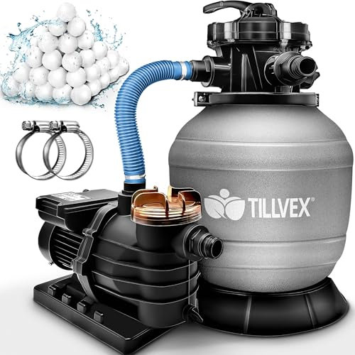 tillvex Impianto di filtraggio a sabbia per piscina, 13.200 l/h fino a 40.000 l + palline filtranti da 1200 g | impianto di filtraggio a 7 vie valvola e adattatore 2 in 1 Ø 32 – 38 mm | Filtro a