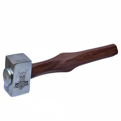 Vintage Engraved Silver Thor’s Hammer with Wooden Handle Heavy Weight SS Made Hammer Tool Collector Norse Mythology Collectible and Viking-Inspired Gift