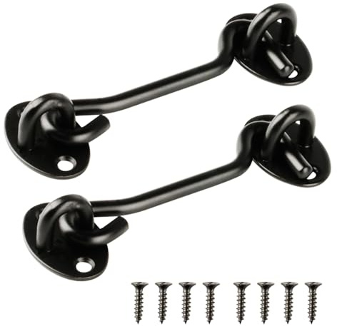 RUGLAMZHIP 2 Pcs Gate Hook and Eye Latch, 4 Inch Black Cabin Hooks, Heavy Duty Stainless Steel Door Lock Hook for Wooden Gates Doors Sheds Sliding Doors Window Closet Barn Door Hooks, with Screws