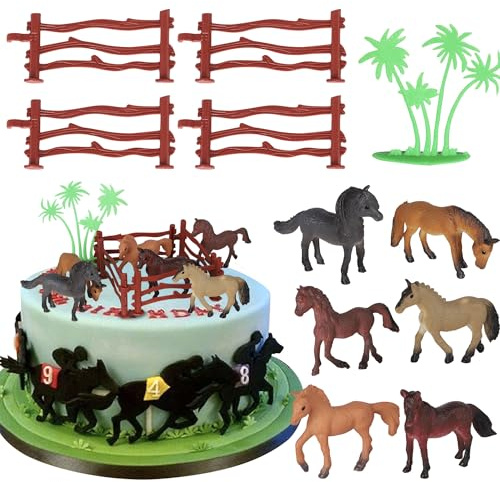 11 Pack Horse Happy Birthday Cake Toppers Wild Animal Fence Cupake Toppers Realistic Microcosm Safari Cake Picks for Wild Animal Theme Baby Shower Kids Birthday Party Cake Decorations Supplies
