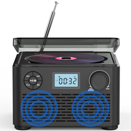 Reproductor de CD antiguo con radio FM, Bluetooth, USB/TF, sonido estéreo, 2.0 canales, batería de 4000 mAh, reproductor de CD retro universal, diseño portátil para los amantes de la música