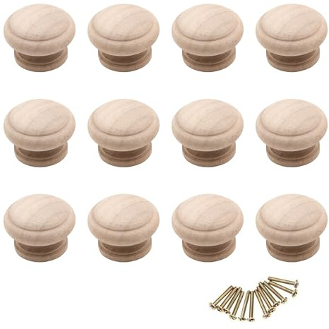 LIANCHEN 12 pezzi Bianca Pomelli per Porta in Legno Rotondo Manopole Bianche Pomelli Bianchi Legno per Mobili, armadio (Naturale, 34mm)