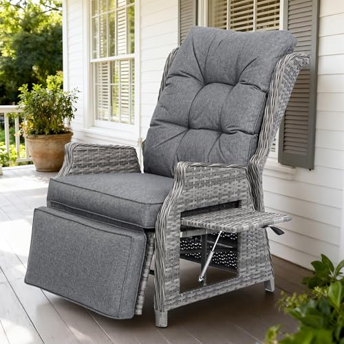 COMLAX FIELD Garden Recliner Chairs, Rattan Reclining Sunlounger with Thick Cushions, Adjustable Sun Lounger with Flip Table for Indoor Outdoor, Dark Grey