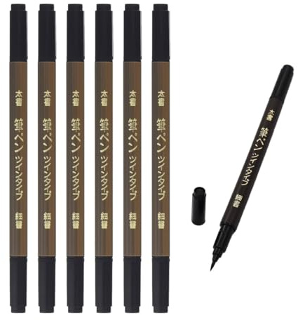 OTSUMAMI TOKYO Japanese Calligraphy Brush Pen (Fude Pen) Set of 6 - Dual Tip (Fine & Bold) Black Ink for Hand Lettering, Art, Drawing, and Journaling - Made in Japan (6)