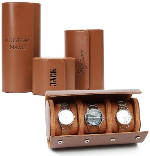 XQIGI Estuche de viaje de cuero para reloj, caja organizadora de rollo de reloj con nombre personalizado, funda de transporte para almacenamiento y exhibición (personalizable)