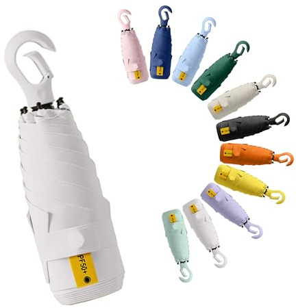 Mini Viaje Sombrilla De Mano Portátil Paraguas Plegable Compacto con Asa De Anilla Mosquetón, UPF 50+ Protección UV,Solar y Lluvia,Bolsillo,Costillas De Fibra De Vidrio, Ligero,Niños Mujeres