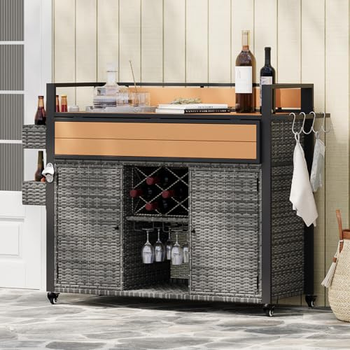 52.8 Grey Rattan Outdoor Grill Cart with Rolling Storage Cabinet & Plastic Wood Table Top - Perfect for Patios, BBQs, and Outdoor Cooking nization!