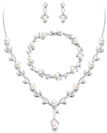 EVER FAITH Set di gioielli da sposa per damigella d'onore Teardrop Cubic Zirconia foglia di vite sposa prom collana pendenti orecchini bracciale da donna, Perla Zirconia cubica perla