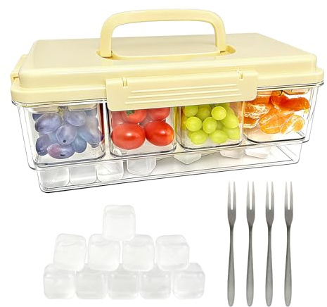 Pesilo 4 Large Compartments Snackle Box Container with Ice Pack, Portable Chilled Travel Charcuterie Tray with Lid and Forks, Cooling Divided Serving Tray for Veggie Fruit Snack Outdoor Party Picnic