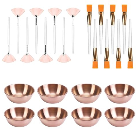 GREATRICH Pennello Maschera Viso, Set di 24 Pennelli Professionali per Estetista, 8 Ciotole per Maschera, 8 Pennelli a Ventaglio, 8 Pennellis Piatti, Accessori per Trattamenti Viso Spa