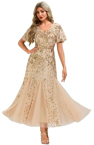Ever-Pretty Pailletten Ballkleider Abendkleid Damen Lang Tull V-Ausschnitt Maxi Partykleid Gold 44