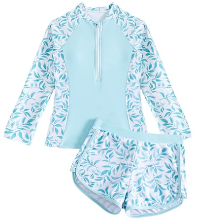 Girls Swimming Costume Rash Vest Padded Bras 8-13 Years, Long Sleeve Kid Tankini Swimsuit Two Pieces Swim Suit Tween Swimwear Top with Boyleg Short, Blue Leaves 9-10 Years