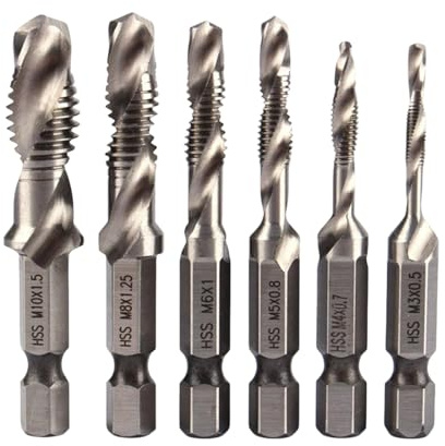 6PCS HSS Drill Bit Set, Combination Drill and Tap Set with Anti-Rust Black Coating M3 M4 M5 M6 M8 M10 Metric Thread 1/4”hex Shank Screw Tapping Threading Tools Metal Drill Bits for Hard Steel