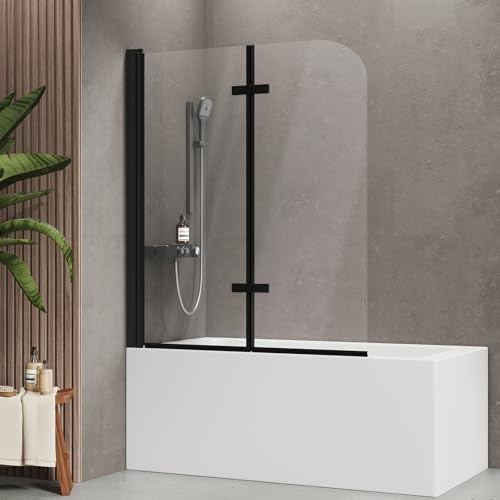 EMKE Faltbare Duschwand für Badewanne 120x140 cm, 2-teilig, Schwarz | 6 mm ESG Glas, 180° Schwenkbar, Hebe-Senk, Leicht zu Reinigen, Alurahmen, Badewannenaufsatz, Duschabtrennung