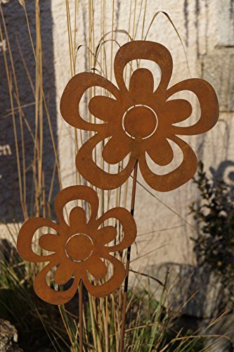 Dewoga 2 Edelrost Blumen Offen auf Stab Gartenstecker Topfstecker Set Metall Blüten