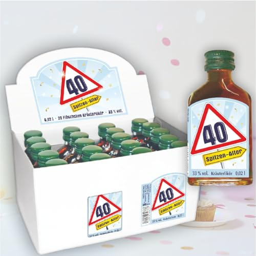 AV Andrea Verlag 20er Box Kräuterlikör Schnaps - Zum 40. Geburtstag - 2cl, 33% vol. Männergeschenk Scherzartikel | Geschenk mit Zahlen zum runden