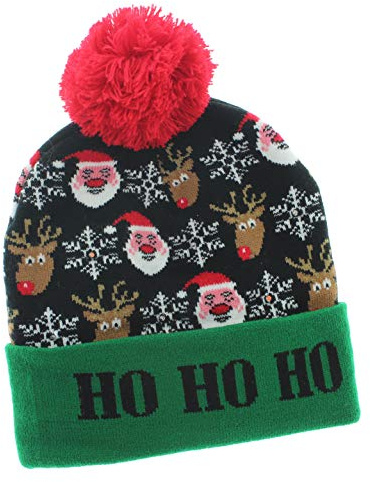 MIK funshopping Lustige Weihnachtsmütze Pudel-Mütze Beanie-Hat mit PomPom und LED Licht