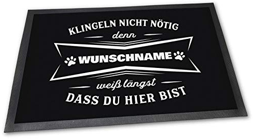 PfotenSchild Fußmatte mit Spruch - Klingeln Nicht nötig - mit Wunschname - 60 x 40 cm - Geschenk für Hundebesitzer - Fußabtreter für Freunde mit Hund