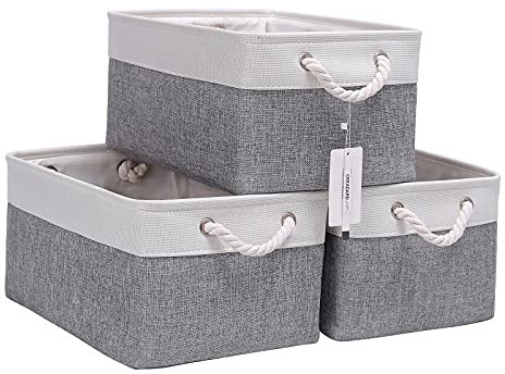 CREADARD Fabric Storage Basket Set of 3, Foldable Linen Storage Box for Nursery and Home, Collapsible Canvas Shelf Basket for Wardrobe or Bedroom, Greywhite