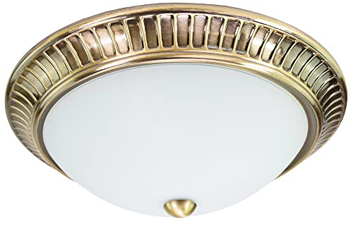 Happy Homewares Traditional Antique Brass Plated Flush Circular Ceiling Light Fitting with Opal Glass Diffuser | 2 x 40w E14 | 32cm Diameter