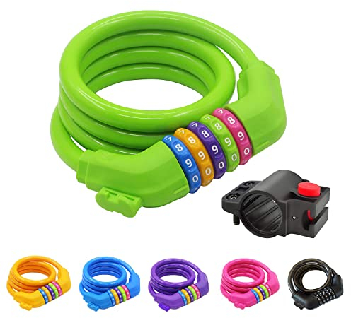 GOLDPOOL Fahrradschloss für Kinder, Zahlen-Code-Kombination-Kabel-Schloss, bunt, 120 cm x ∅12mm Stahlseil ummantelt (Grün)