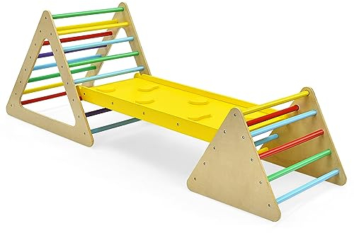 DREAMADE 3 in 1 Kletterdreieck mit Rutschbrett & Leiter, Indoor Klettergerüst klappbar, Holzdreieck Sprossendreieck Klettergerät, Kletterspielzeug Set aus Holz, für Kinder ab 3 Jahre (Bunt)