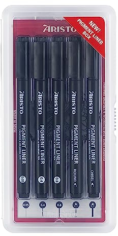 Aristo AR23535 Pigment Liner Kreativ-Set 5-teilig (5 Fineliner in den Strichstärken 0,05 mm / 0,40 mm / 0,80 mm / Rundspitze / Keilspitze, hochpigmentierter Tinte, licht- und wasserbeständig) schwarz