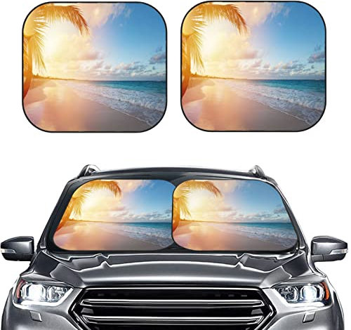 Sonnenschutz Auto Frontscheibe Faltbar Motiv Strandwellen Auto Zubehör Sonnenschutz 2-teilig 74x60cm mit Aufbewahrungstasche Auto Scheibenabdeckung Sommer Frontscheibenabdeckung Auto Sonnenschutz