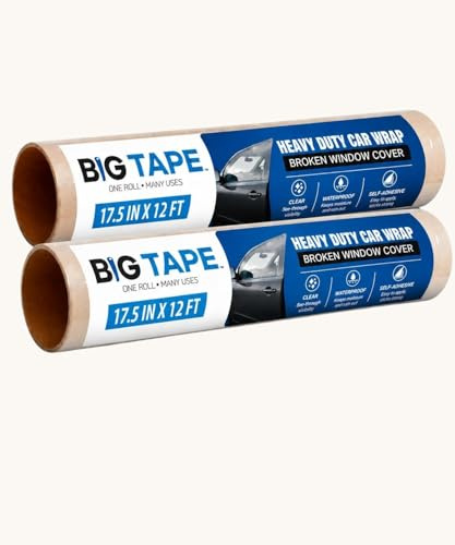 Big Tape Window Plastic Barrier Film – 2 Pack of 12 Feet XL Roll of Plastic for Windows – 17.5 Inch Wide Car Tape for Broken Windows – Waterproof, No Sticky Residue – Easy DIY Installation.
