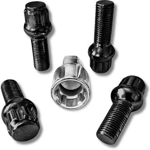 Lucchetto per cerchione M14 x 1,5 x 28 mm, R13, compatibile con Audi Bentley Cupra Ford, Seat, Skoda McLaren, VW Set di 4 lucchetti per cerchioni neri