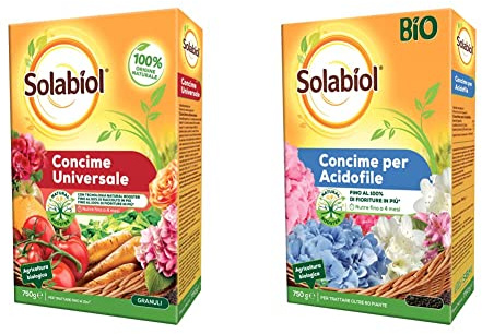 Solabiol Concime granulare Biologico Universale, 750 gr & Concime Biologico Granulare Acidofile con Tecnologia Natural Booster