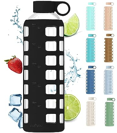 purifyou Premium Glass Water Bottles 40/32/22/22/12oz with Volume and Drinking Time, Silicone Sleeve and Stainless Steel Lid Insert, Reusable Bottle