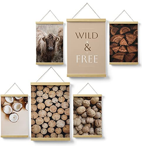 Feeby Magnetisch Posterschiene Boho Holz Nüsse 80x90 cm 30x42 & 21x30 Modern Poster Hänger Posterleiste Bilder Wandbilder Kunstdruck Wohnzimmer Schlafzimmer Flur Küche Design Kuh Wild&Free Braun