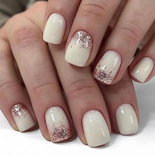 24 Pièces Faux Ongles Français Court Carré Blanc Brillant Ongles à Coller Couverture Complète Capsules Ongles Acrylique Faux Ongles Autocollants pour Femme et Fille Nail Art