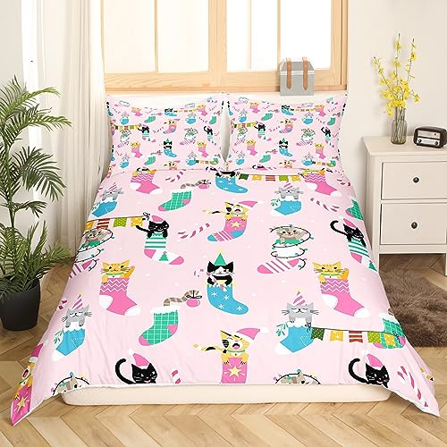 Pink Christmas Bedding Set Kids Cute Cat Comforter Cover Set for Boys Teens Duvet Cover Socks Pink Bedspread Cover Room Decor Quilt Cover Single