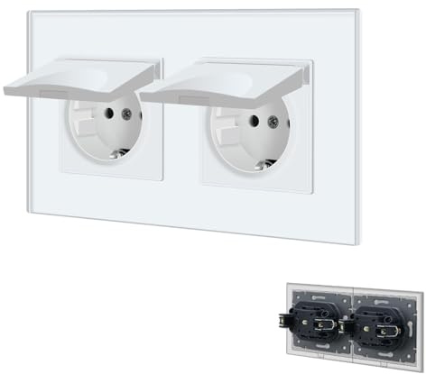 BSEED Steckdose 2 Fach mit Wasserdichter Abdeckung, Unterputz Steckdose mit Steckklemme mit Kristall Glas Platte, Doppelsteckdose Einbausteckdose 16Amp Wandsteckdose 157mm, Weiß