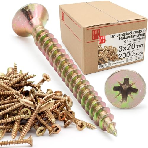 LUN FIX Universalschraube 3,0x20 mm 2000 Stk PZ1 Kreuzschlitz Senkkopf | gelb verzinkt Vollgewinde Holzschrauben Spanplattenschrauben selbstschneidende Schrauben für Holz Möbelbau
